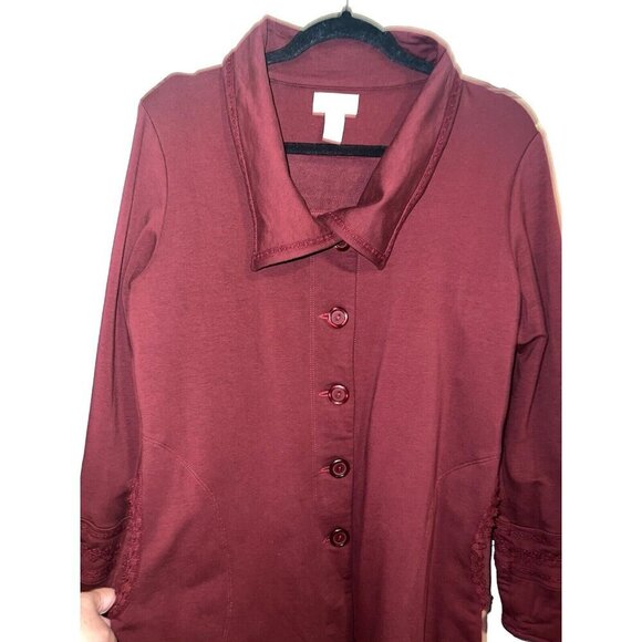 SOFT SURROUNDINGS Rachel Embroidered Burgundy Stretch Button Down Coat - Picture 6 of 15